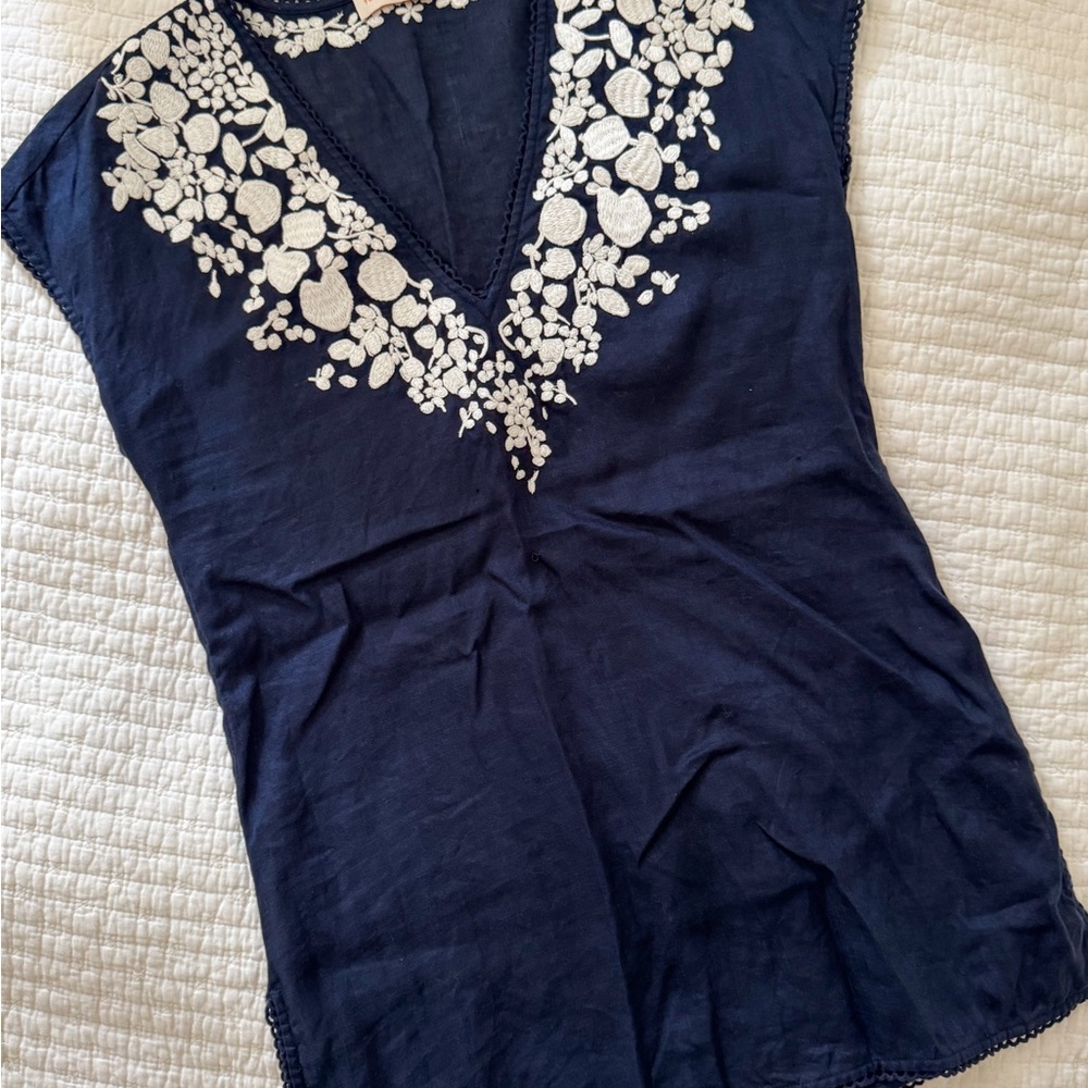 Tory Burch Navy Tunic with White Floral Embroidery